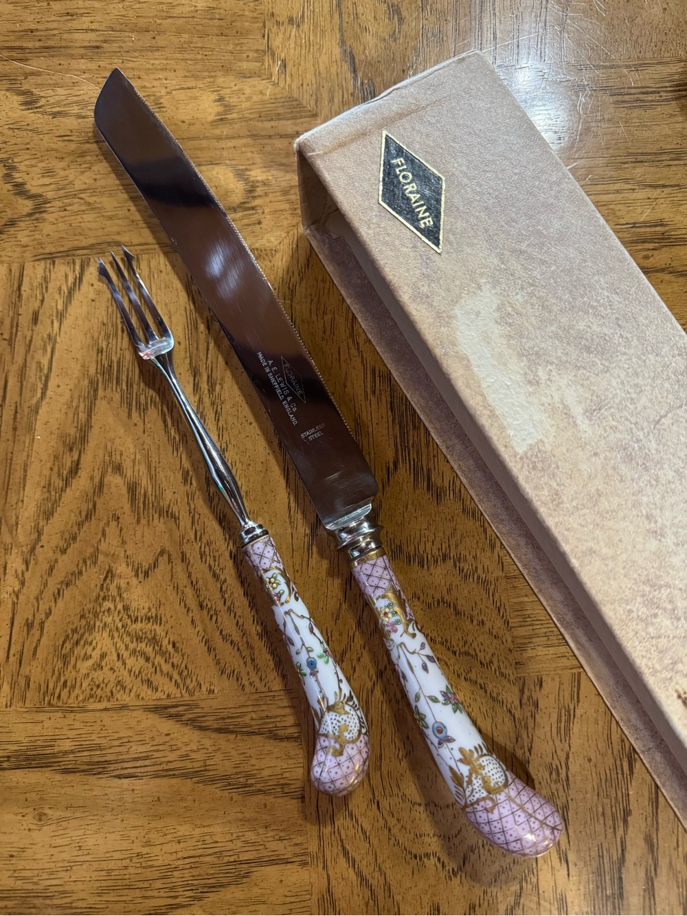 Vintage Sheffied England Pink Porcelain Stainless Steel Knife Hand Painted